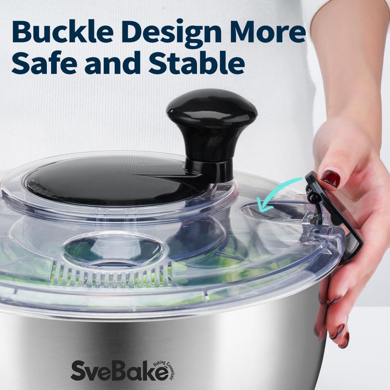 SveBake Stainless Steel Salad Spinner, 4.2 Qt Vegetable Washer, BPA-Free Lettuce Dryer with Crank Design, Dishwasher Safe, Non-Slip Base - Transparent Lid - Image 3